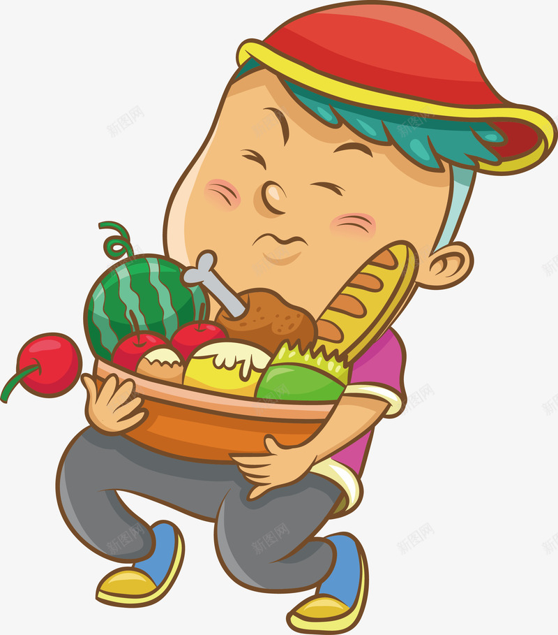 抱着食物的小男孩矢量图ai免抠素材_88icon https://88icon.com 卡通人物 吃力 吃力表情 矢量图 西瓜 面包 鸡腿