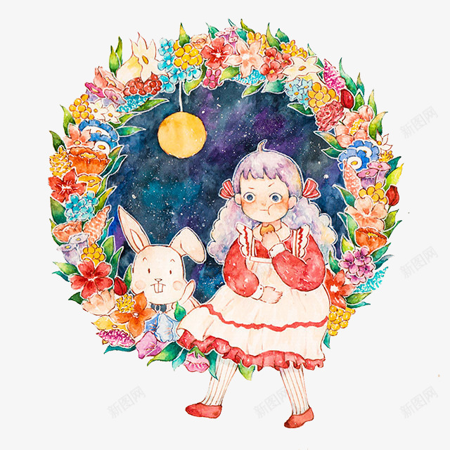 中秋png免抠素材_88icon https://88icon.com 中秋节 兔子 小女孩 星空 月亮 花卉 花环