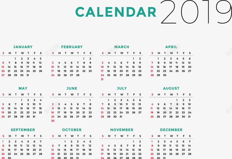 简约商务2019年日历矢量图ai免抠素材_88icon https://88icon.com 2019年 2019年日历 台历 台历模板 新年日历 日历 星期日历 矢量png 矢量图 黑白日历