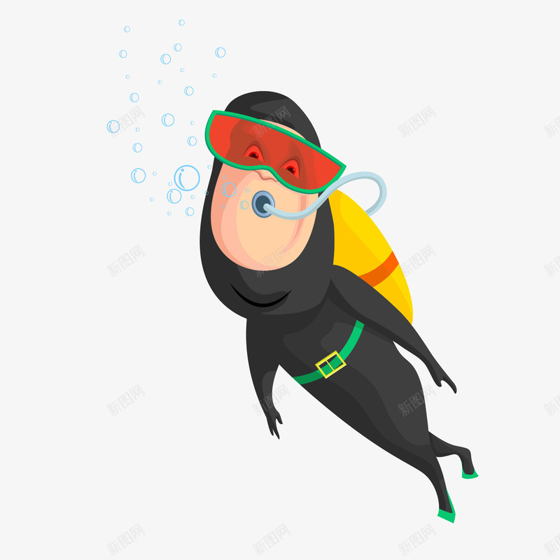 卡通潜水的人物矢量图ai免抠素材_88icon https://88icon.com 人物设计 卡通 氧气瓶 海边 潜水 装备 矢量图