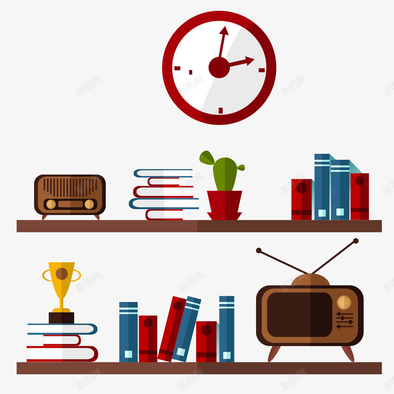 卡通书房矢量图ai免抠素材_88icon https://88icon.com 书房 书本 书架 层架 收音机 植物 音箱 矢量图