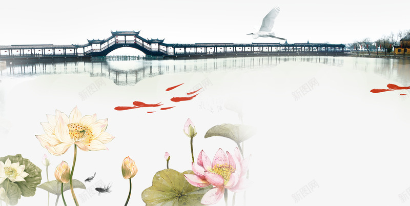 中国风意境山水背景psd免抠素材_88icon https://88icon.com 中国风素材 古典栈桥图片 古风背景图片素材 湖光山色图片 湖泊 荷花 鲤鱼
