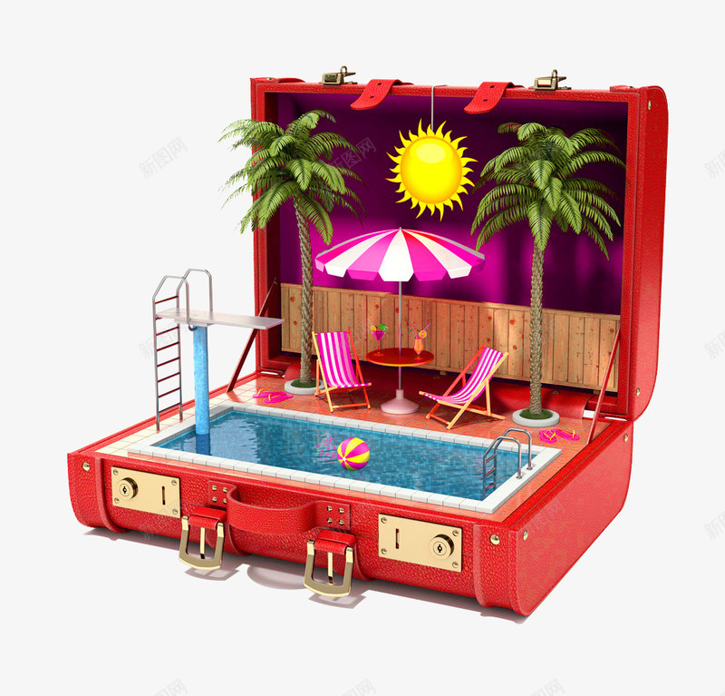 在箱子里面的沙滩png免抠素材_88icon https://88icon.com 创意 卡通 旅行 沙滩 箱子 红箱子