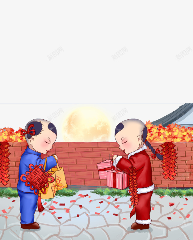 卡通手绘新年相互拜年的孩子psd免抠素材_88icon https://88icon.com 卡通 围墙 房子 手绘 新年 相互拜年的孩子 礼品 鞭炮装饰