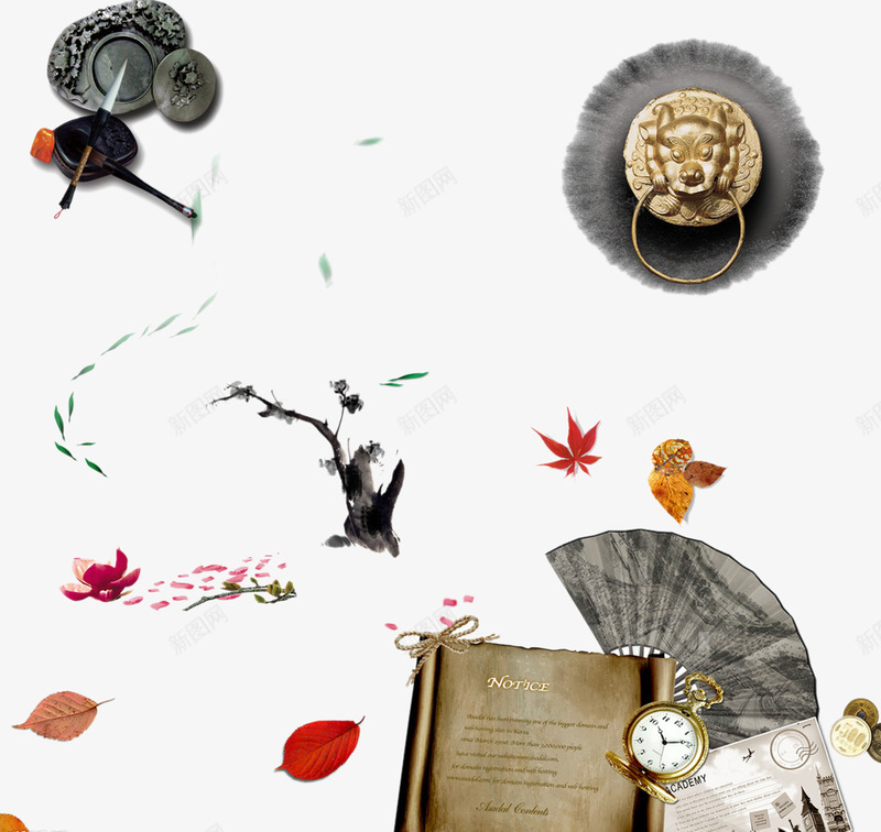 中国风装饰png免抠素材_88icon https://88icon.com 扇子 树叶 磨痕 门牌