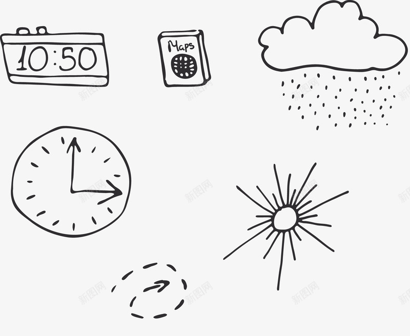 手绘日常元素png免抠素材_88icon https://88icon.com 下雨 云 卡通 天气 太阳 手绘 收音机 日常 时钟 生活 箭头 线描 线稿 钟 钟表 阴雨天气 雨