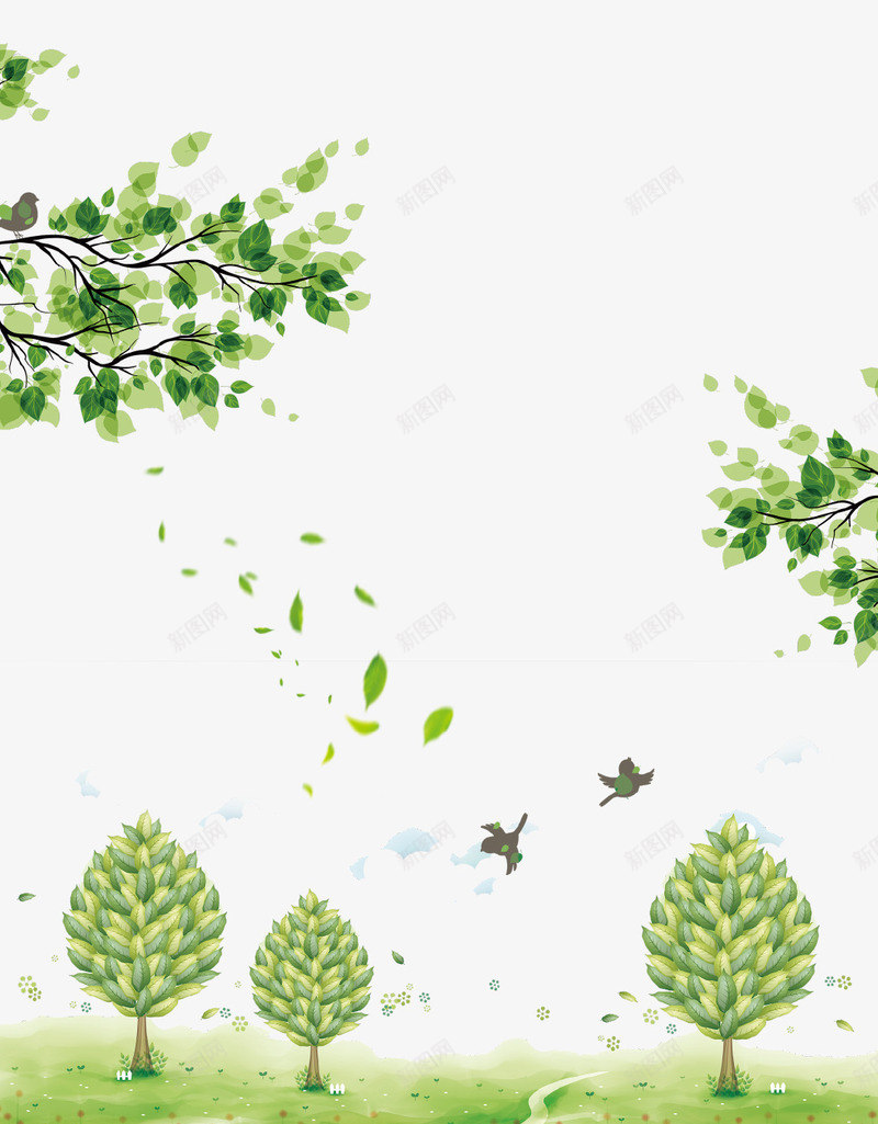 绿色清新落叶背景png免抠素材_88icon https://88icon.com 叶子 四月 春季 海报 清新 燕子 绿色 落叶 踏青