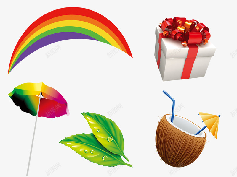 夏季元素png免抠素材_88icon https://88icon.com 彩虹 树叶 椰子壳 礼包 遮阳伞