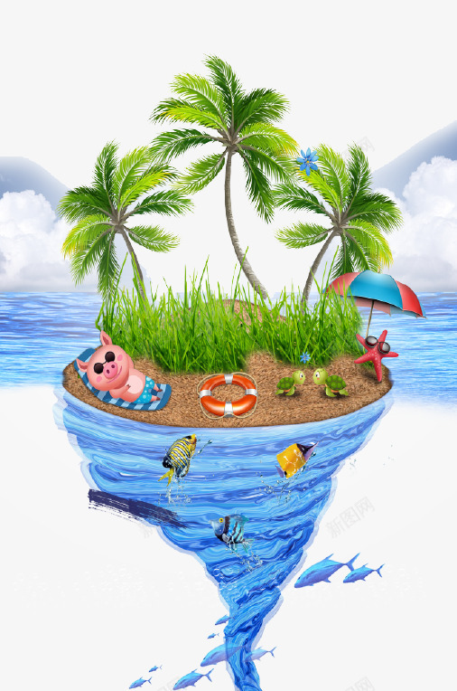 卡通清新海滩插画psd免抠素材_88icon https://88icon.com 休闲 卡通 小动物 插画 旅行 椰树 海滩 清新