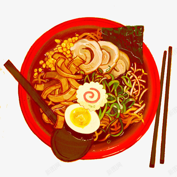 手绘卡通汤面png免抠素材_88icon https://88icon.com 俯视图 汤面碗 海鲜面 面条 鱼虾面 鸡蛋