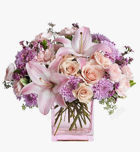 花束png免抠素材_88icon https://88icon.com 家居摆件 春天 法式花瓶 玫瑰花 百合花 百花 真实的 粉白色的百合花 粉色的玫瑰花 紫色 紫色的花瓶 绽放 绽放的鲜花 美好 花卉 花朵 花束 花枝 花瓣 花瓶 花芯 花蕊 阳光 鲜花