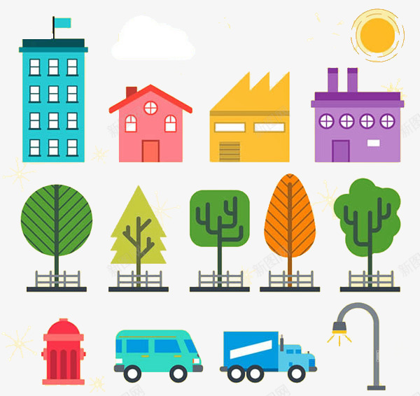 城市住宅楼周边主题png免抠素材_88icon https://88icon.com 卡通 城市 树木 楼房 车