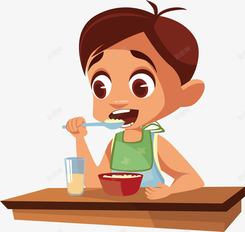 在吃饭的男孩矢量图ai免抠素材_88icon https://88icon.com 勺子 可爱 吃饭 吃饭表情 围嘴 坐在餐桌前 牛奶 男孩 矢量图 米饭