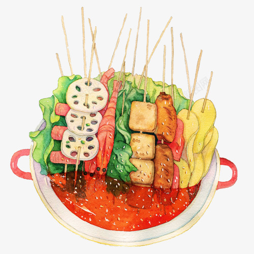 串串香手绘画片psd免抠素材_88icon https://88icon.com 串串香 土豆片 手绘美食 色彩画 藕片 鸡翅 麻辣烫