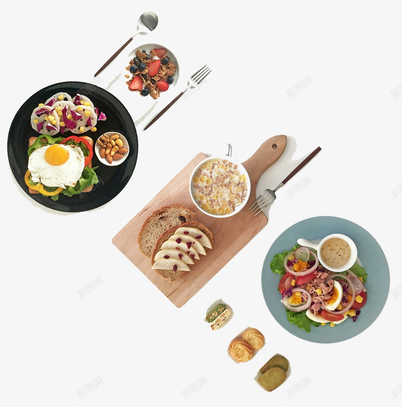 美味美食psd免抠素材_88icon https://88icon.com 减肥餐 刀叉 咖啡 木板 煎蛋 燕麦粥 简洁简约厨房 蔬菜沙拉 面包片