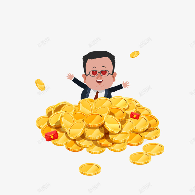 卡通眼冒爱心坐在一堆金币里开心psd免抠素材_88icon https://88icon.com 一堆金币 卡通眼冒爱心坐在一堆金币里开心的男子免扣图免费下载 开心男子 戴眼镜 眼冒爱心 西装男