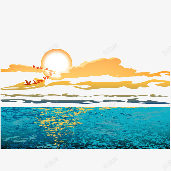 海边风景矢量图eps免抠素材_88icon https://88icon.com 免费 海水 落日 飞鸟 矢量图