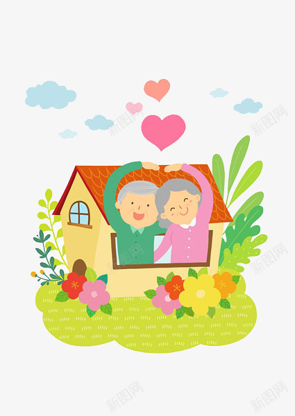 卡通房子里跳舞的老人png免抠素材_88icon https://88icon.com 卡通 夫妻 房子里跳舞的老人 树叶 爱心 老人跳舞 花朵