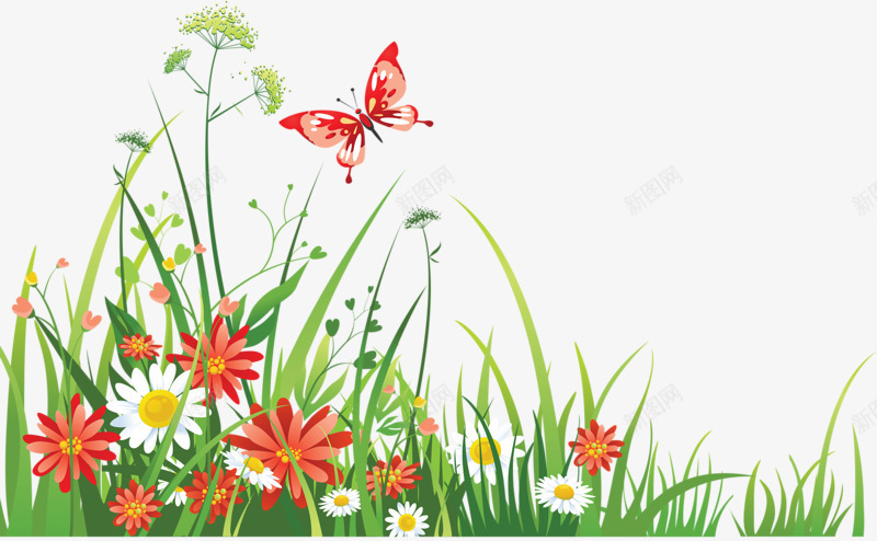 清新花草蝴蝶png免抠素材_88icon https://88icon.com 植物 绿草 花朵 蝴蝶