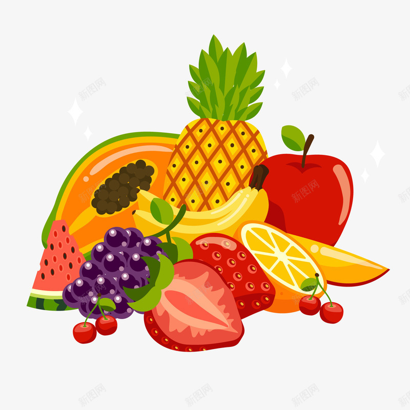 美味新鲜水果堆png免抠素材_88icon https://88icon.com 卡通提子 卡通水果 卡通菠萝 红色苹果 红色草莓 背景装饰 葡萄