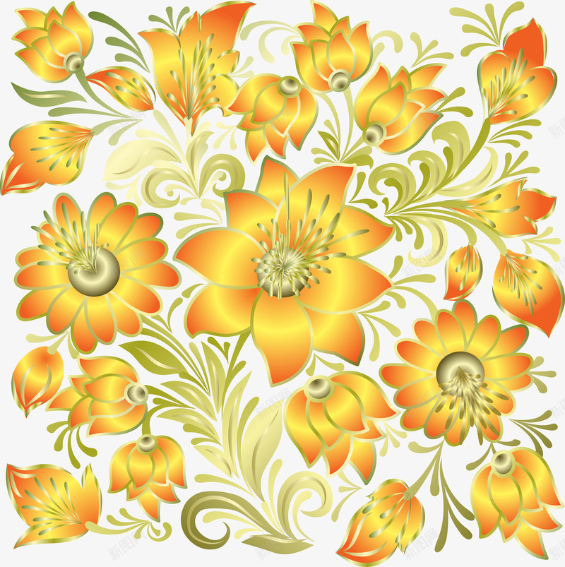 欧式花纹装饰图案png免抠素材_88icon https://88icon.com 免抠PNG 古典 复古底纹 复古花纹 橙黄色花朵 花卉 花朵 花纹 高档底纹 黄色