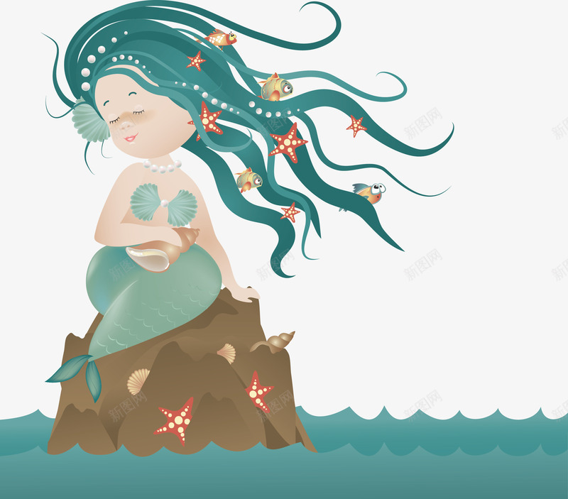 坐在小岛上的美人鱼矢量图ai免抠素材_88icon https://88icon.com 卡通手绘 可爱 水彩 海水 绿色 绿色长发 美人鱼 矢量图