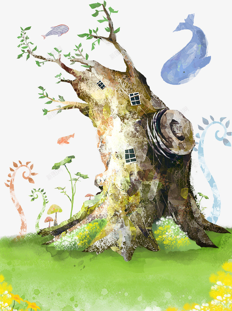 卡通树屋插画png免抠素材_88icon https://88icon.com 卡通树屋 大树 树屋插画 花草