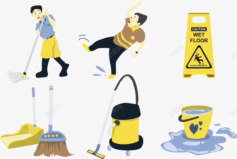 清理漏水png免抠素材_88icon https://88icon.com 吸尘器 拖把 水桶 清理