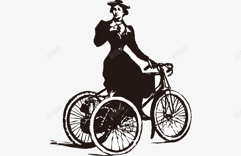 卡通手绘黑白欧洲贵妇骑自行车png免抠素材_88icon https://88icon.com 平面自行车 手绘的自行车 欧洲的贵妇 贵妇骑自行车 黑白的自行车