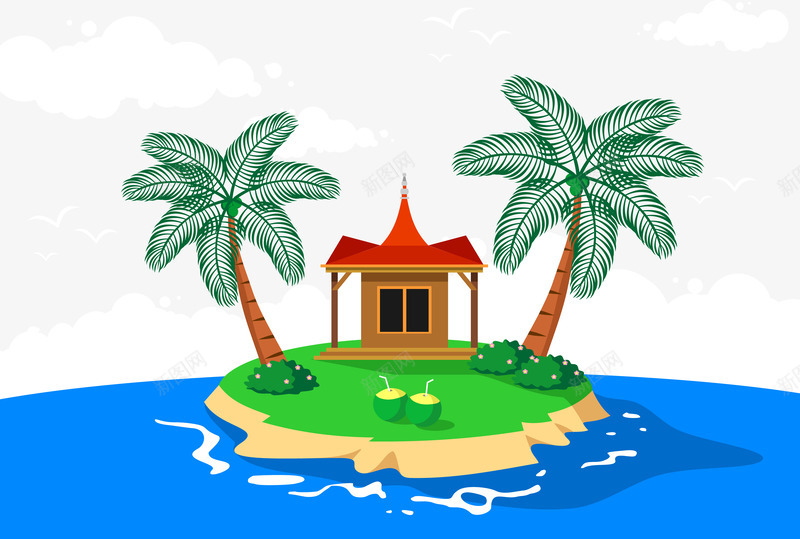 海中央的房屋png免抠素材_88icon https://88icon.com 吸管 建筑 树叶 椰汁 海水 特色 绿色椰树 飞