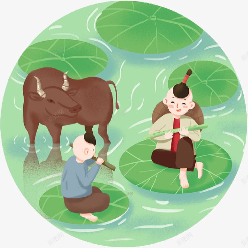 两个牧童吹笛png免抠素材_88icon https://88icon.com 手绘 标签 牧童 荷叶