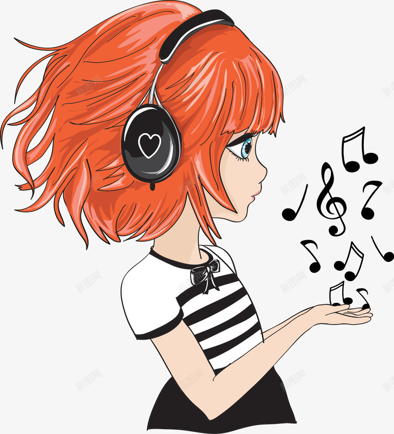 戴耳机的女孩侧面插图png免抠素材_88icon https://88icon.com 乐符 女孩侧面 女性侧面 戴耳机 沉醉音乐 红头发插图 音乐