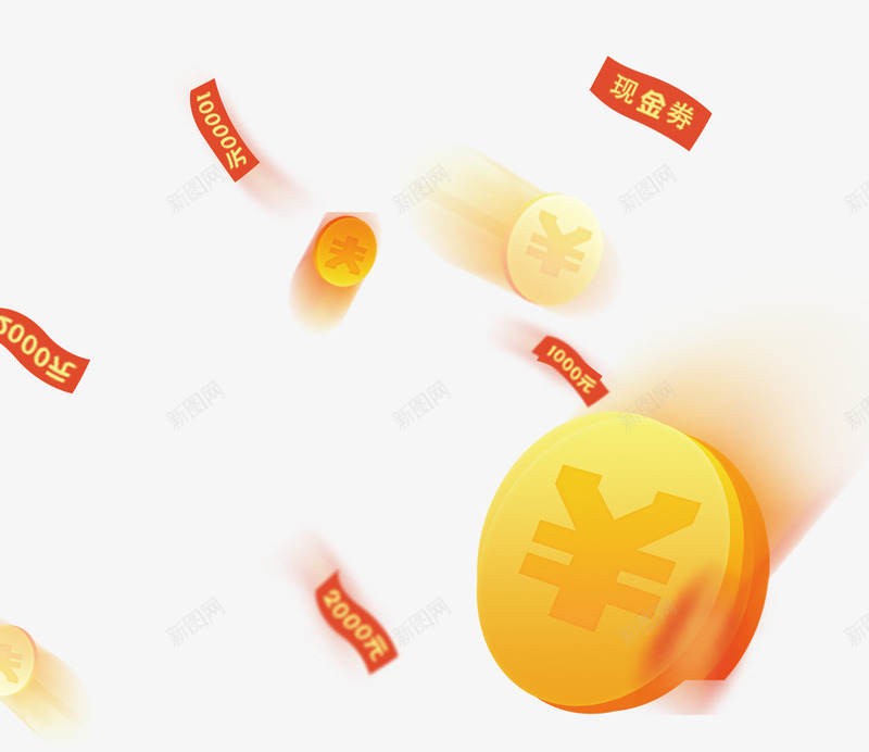 飞散的钱币和券psd免抠素材_88icon https://88icon.com 优惠券 圆形 现金券 金币 钱币