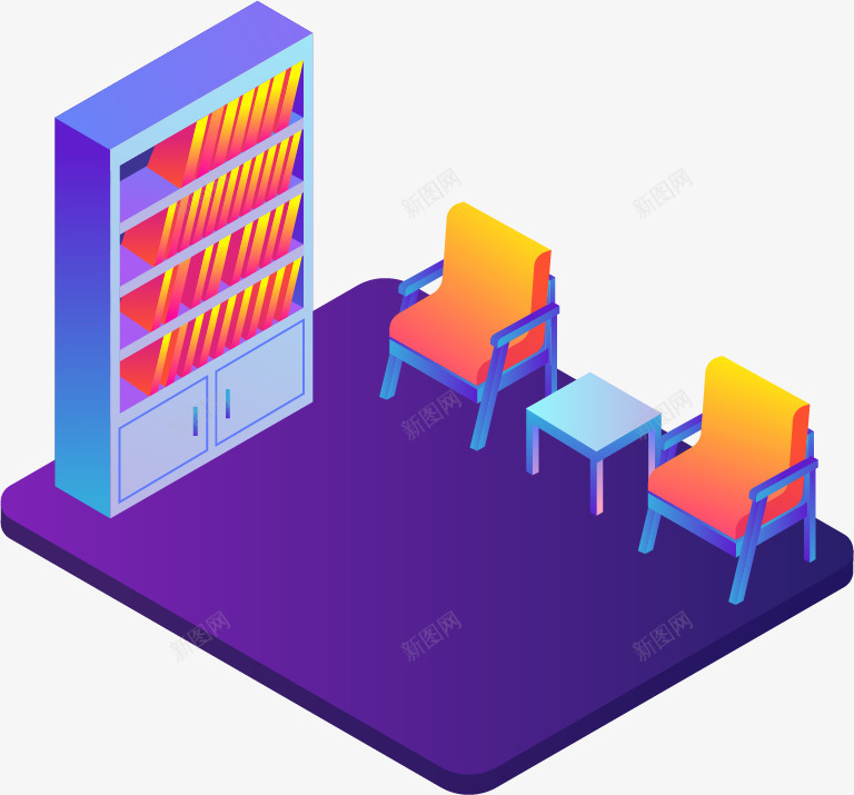 手绘卡通立体C4D书房png免抠素材_88icon https://88icon.com C4D 书房 书架 小桌子 椅子 立体 紫色 装修软件插图 装饰