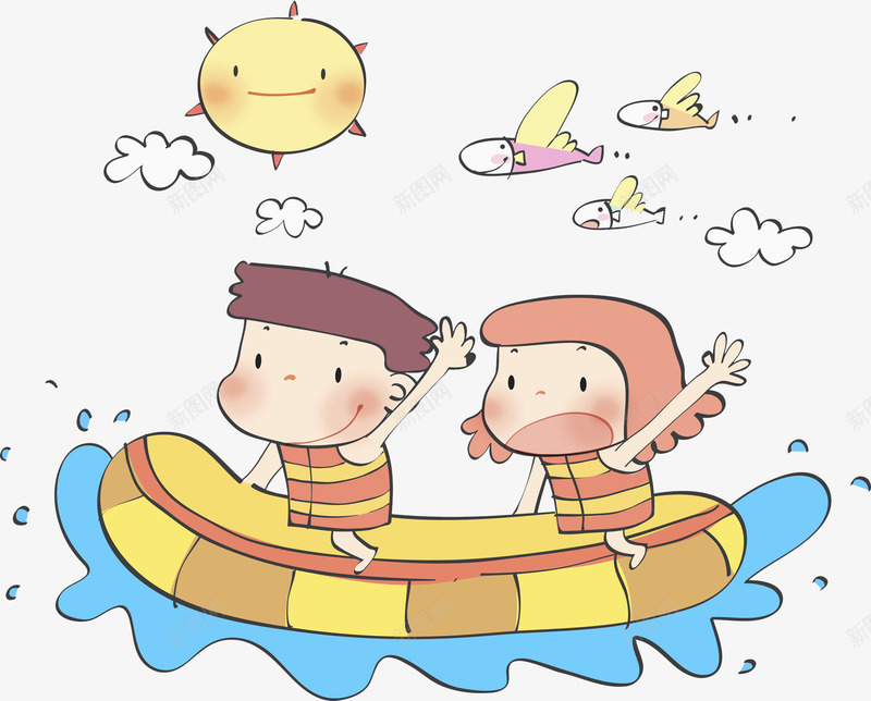 游泳的孩子png免抠素材_88icon https://88icon.com 卡通 可爱 太阳 女孩 孩子 手绘 水彩 海水 男孩 蓝色