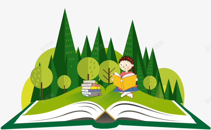 手绘书本插画矢量图ai免抠素材_88icon https://88icon.com 书本 书籍 学习 手绘插画 树林 看书 装饰图案 矢量图