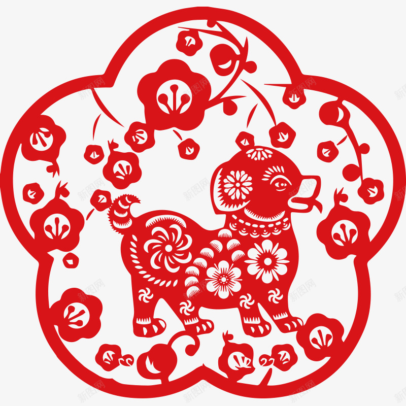 红色中国风小狗剪纸png免抠素材_88icon https://88icon.com 2018 新年 新春 春节 狗年剪纸 红色小狗 花朵剪纸