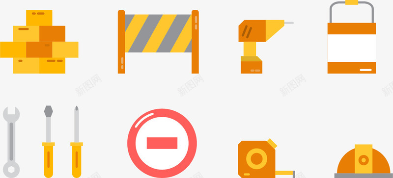 建筑施工的矢量图ai免抠素材_88icon https://88icon.com 前方施工 堆放的货物 手钻 扳手 拦路牌 米尺 起子 矢量图