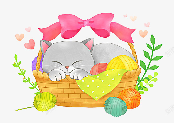 一只睡在篮子里的猫咪png免抠素材_88icon https://88icon.com 卡通手绘 毛线球 猫咪 睡觉 篮子 蝴蝶结 躺被窝里的卡通猫 闭眼睛 闭着的眼睛