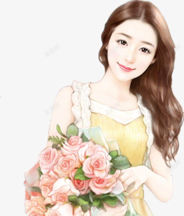 手捧花手绘美少女png免抠素材_88icon https://88icon.com 少女