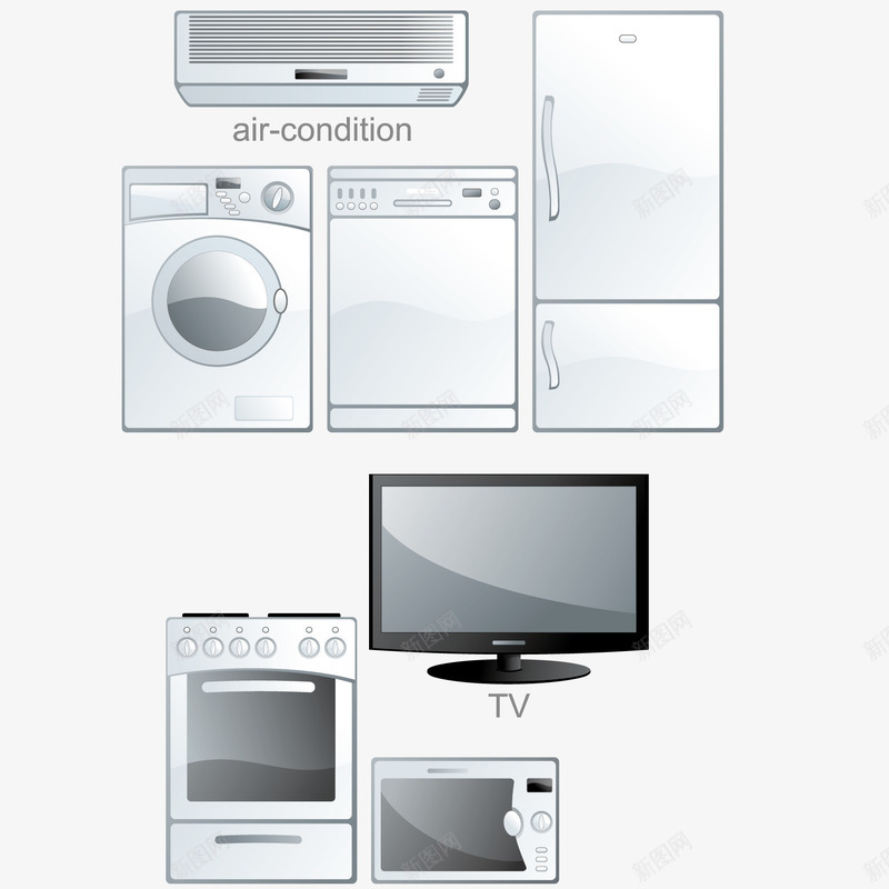家庭常用电器矢量图ai免抠素材_88icon https://88icon.com 冰箱 家用电器 家电 微波炉 洗衣机 电视机 矢量图