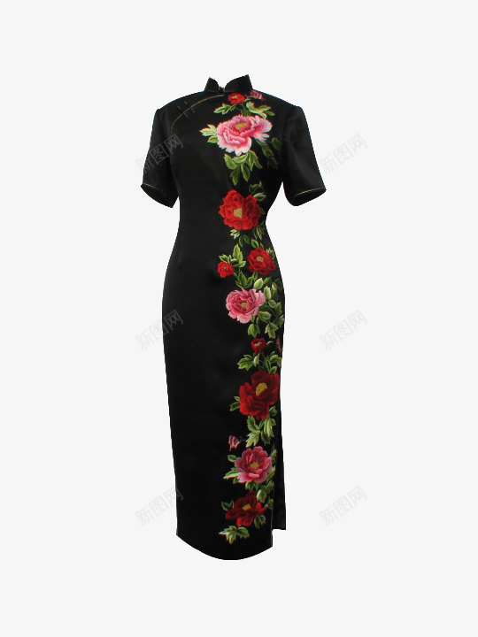 黑色半袖女装旗袍png免抠素材_88icon https://88icon.com 中国风 半袖旗袍 旗袍 样式旗袍 民国风 民族服饰 高级卡片 黑底团花纹