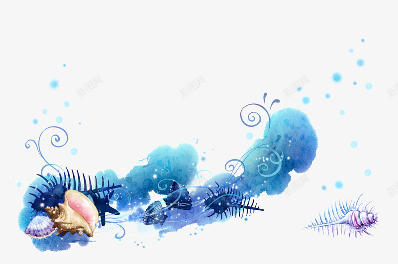 水墨贝壳海底世界背景png免抠素材_88icon https://88icon.com 夏季 手绘 水墨 蓝色 贝壳