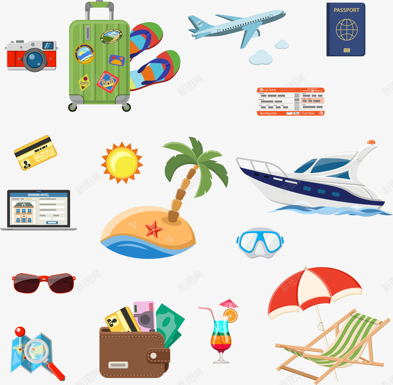 出国旅行度假卡通png免抠素材_88icon https://88icon.com 出国 卡通 卡通亲子旅行一家人 图案素材 护照 旅行 机场 沙滩 签证 船 轮船 阳光 飞机