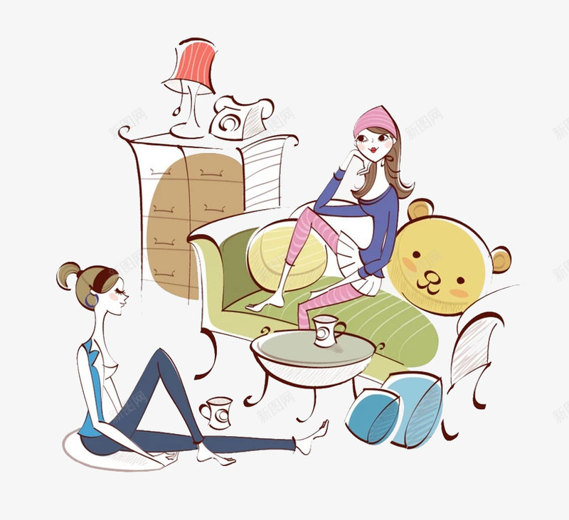 聊天的女孩png免抠素材_88icon https://88icon.com 卡通 地毯 女孩 小熊 手绘 沙发 简图 聊天