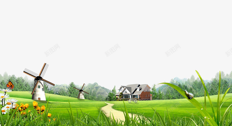 别墅风车草原背景psd免抠素材_88icon https://88icon.com 别墅 房屋 田园背景png 草地 风车