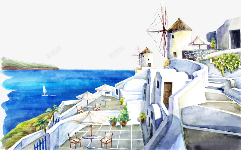 美丽风车风景图psd免抠素材_88icon https://88icon.com 卡通风景 海水 美丽风车 风景素材 风车