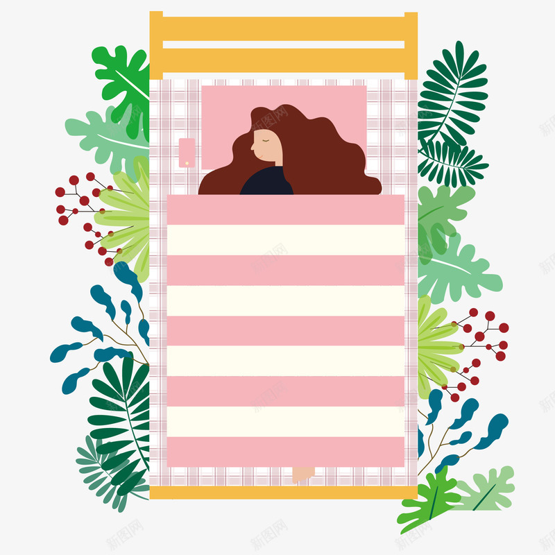卡通创意睡觉的女孩插画矢量图ai免抠素材_88icon https://88icon.com 创意插画 卡通 国际睡眠日 植物装饰 睡觉的女孩 矢量图