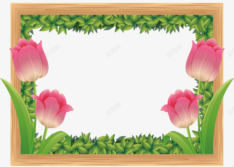 粉红色郁金香木板边框矢量图ai免抠素材_88icon https://88icon.com 木板 木板边框 矢量png 粉色郁金香 草丛边框 郁金香 矢量图