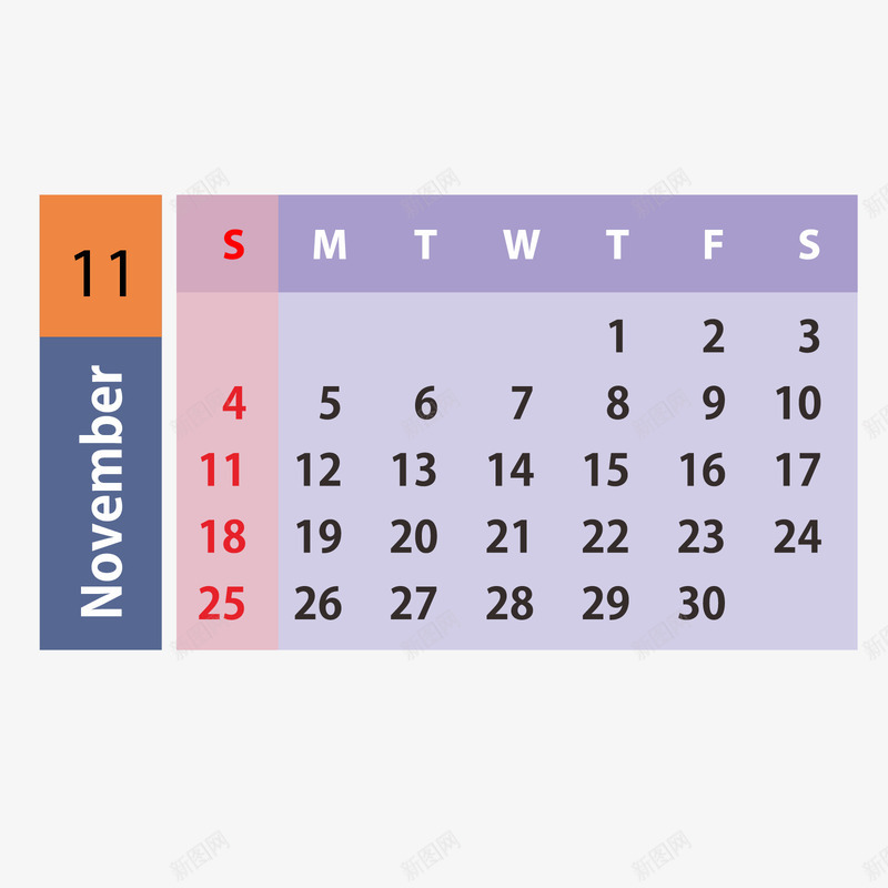 蓝红色2019年11月日历矢量图ai免抠素材_88icon https://88icon.com 11月 11月日历 2019年 日历 橙色 红色 蓝色 矢量图